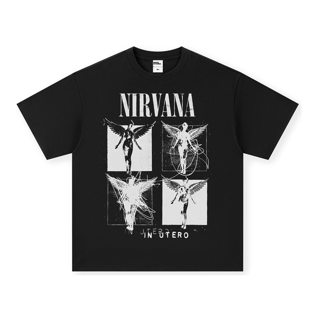 NIRVANA Rock American Retro Short Sleeve T-shirt Washed Heavy Cross border Printed Trendy Pure Cotton Vintage Men (5)