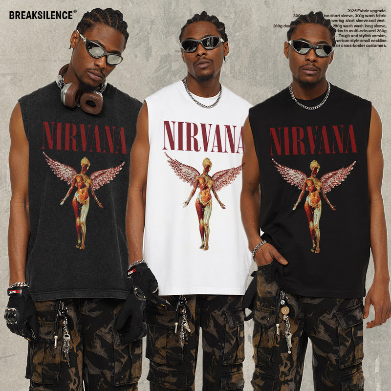 2025 Cross border Summer Nirvana Crimson Angel Heavy Duty Washed Water Shoulder Tank Top Rock T-shirt Printed Men's Tank Top