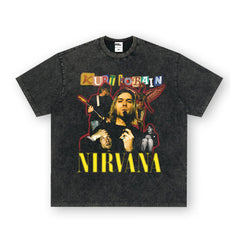 NIRVANA Rock American Retro Short Sleeve T-shirt Washed Heavy Cross border Printed Trendy Pure Cotton Vintage Men (7)