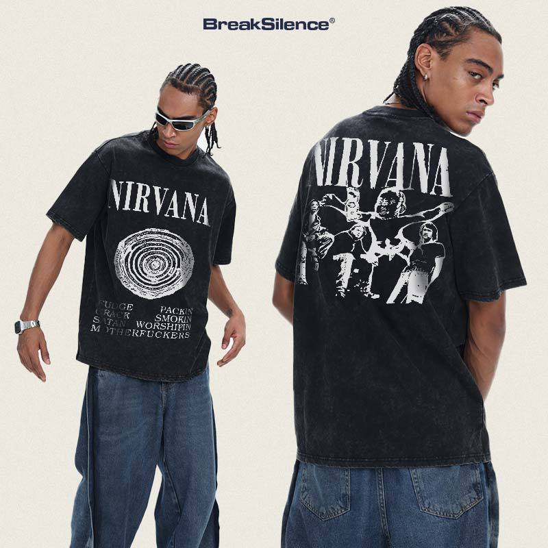 2026 Cross border Spring/Summer NIRVANA New American Round Neck 300G Cotton Shoulder Drop Heavy Short Sleeve Men's Bottom Shirt (1)