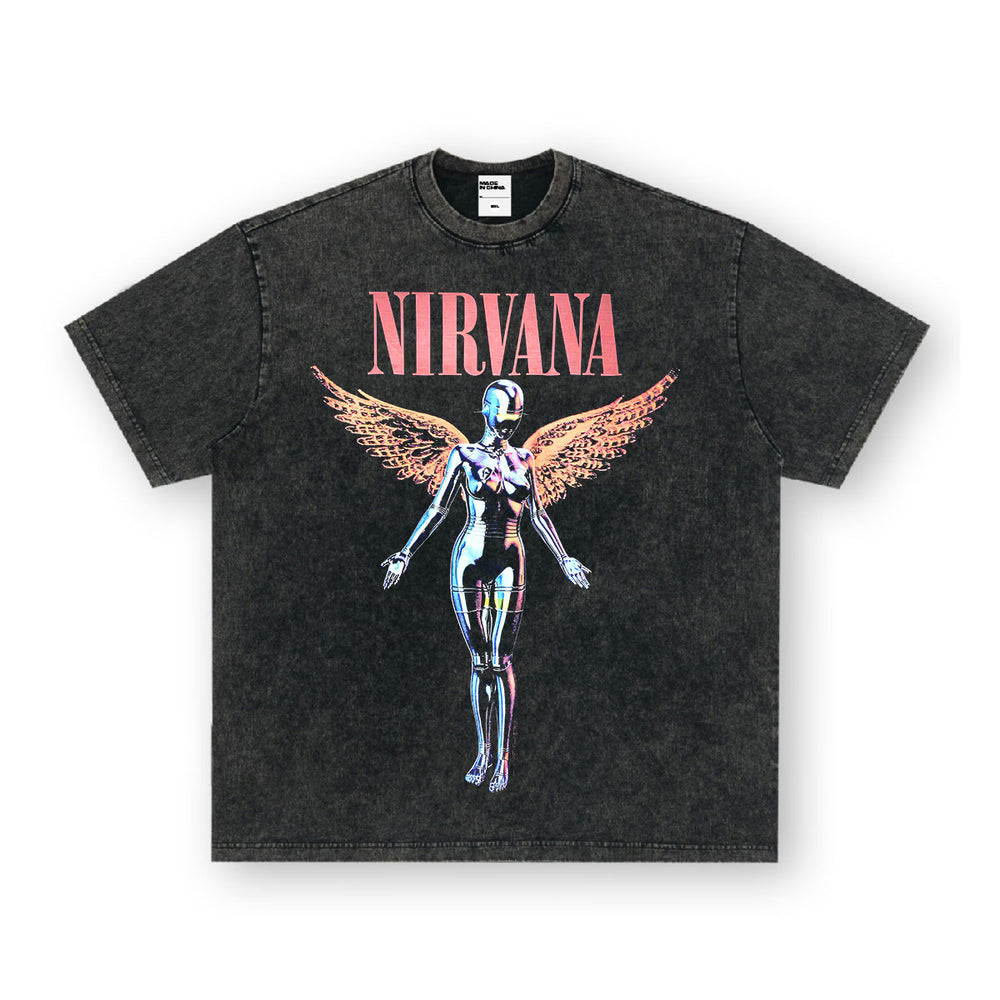 NIRVANA Rock American Retro Short Sleeve T-shirt Washed Heavy Cross border Printed Trendy Pure Cotton Vintage Men (2)