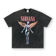 NIRVANA Rock American Retro Short Sleeve T-shirt Washed Heavy Cross border Printed Trendy Pure Cotton Vintage Men (2)