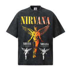 2026 Cross border NIRVANA Classic Angel American High Street Direct Spray Printing 300G Cotton Heavy Weight Knitted Short Sleeve Men (2)