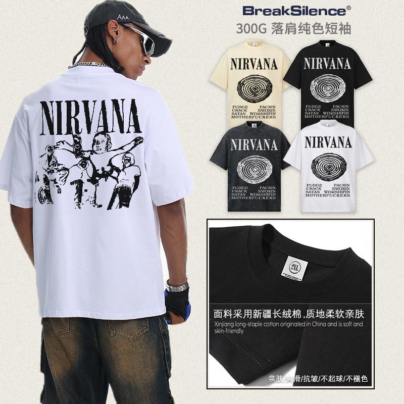 2026 Cross border Spring/Summer NIRVANA New American Round Neck 300G Cotton Shoulder Drop Heavy Short Sleeve Men's Bottom Shirt (1)