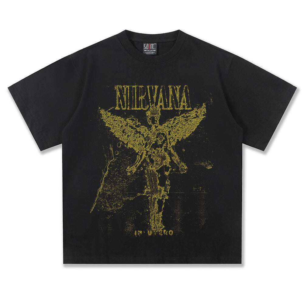 2025 Spring/Summer New NIRVANA Shattered Angel Washed Vintage Printed Short Sleeve T-shirt Heavy Tide (1)