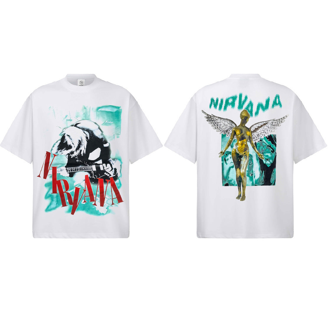 2026 Cross border Spring/Summer NIRVANA New American Round Neck 300G Cotton Shoulder Drop Heavy Short Sleeve Men's Bottom Shirt (1)