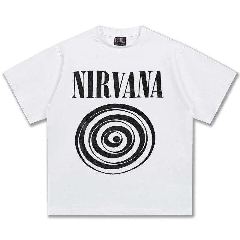 2025 Spring/Summer New Cross border NIRVANA Rock Band Vintage Short sleeved T-shirt Heavy duty Washed and Used Trend (17)