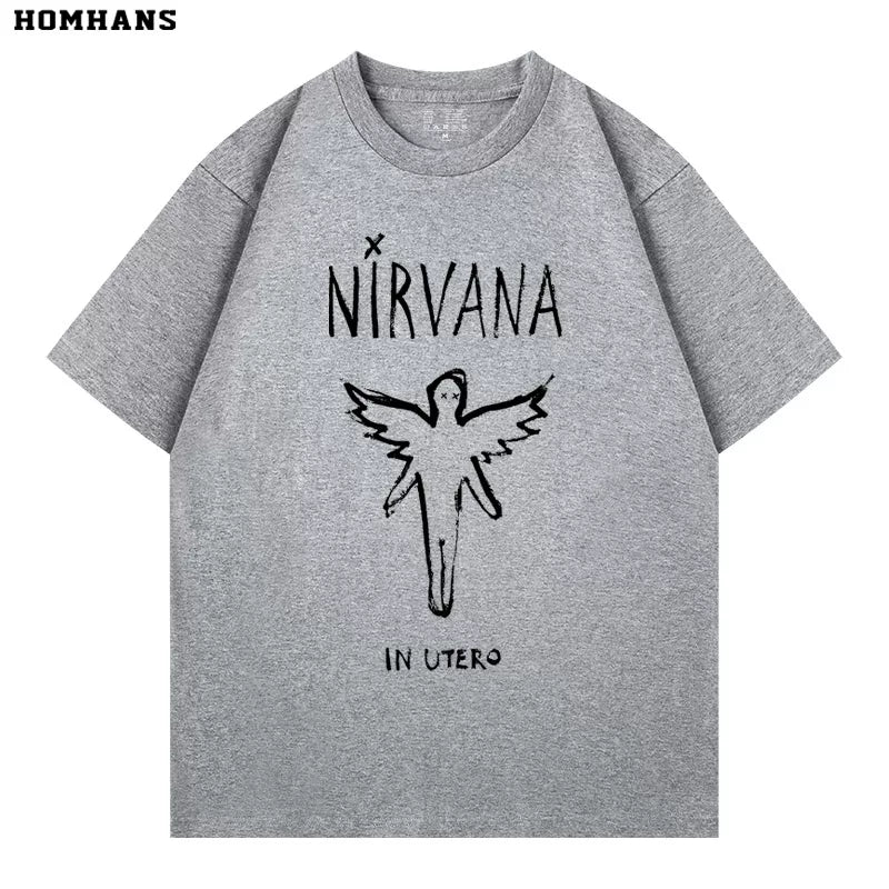 Washed vintage Nirvana In Utero band retro short sleeved T-shirt for men and women, loose and casual pure cotton (2)