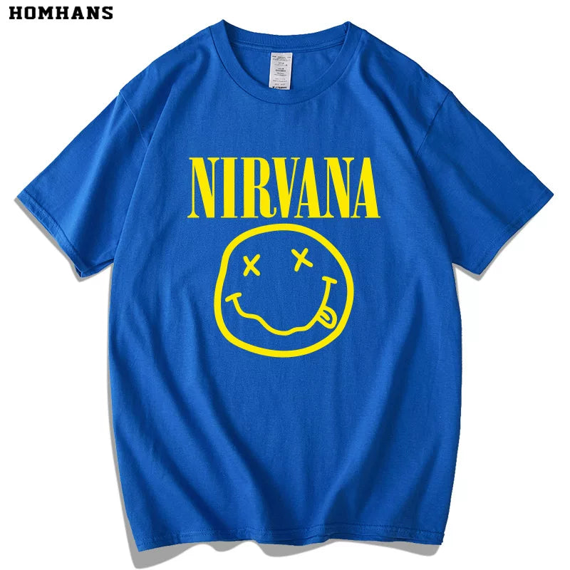 Red Korean Nirvana Nirvana Band European and American Metal Rock Pure Cotton Short sleeved Men's Smiling Face T-shirt Women's Loose Large Size (1)