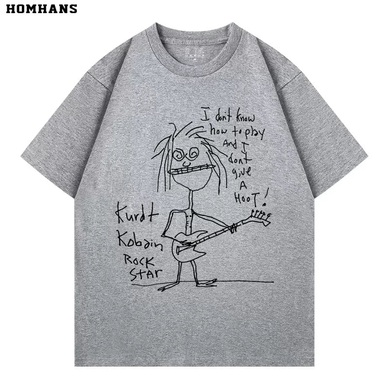 Washed Black Printed Short Sleeve T-shirt Nirvana Kurt Cobain Self Portrait Cotton Loose (1)