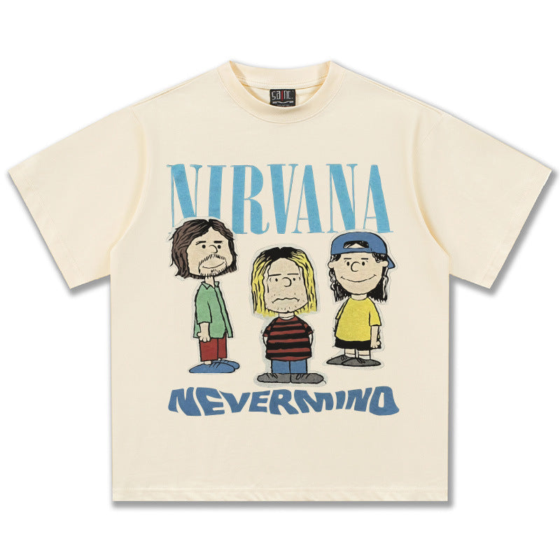 2025 Spring/Summer New Cross border NIRVANA Rock Band Vintage Short sleeved T-shirt Heavy duty Washed and Used Trend (15)