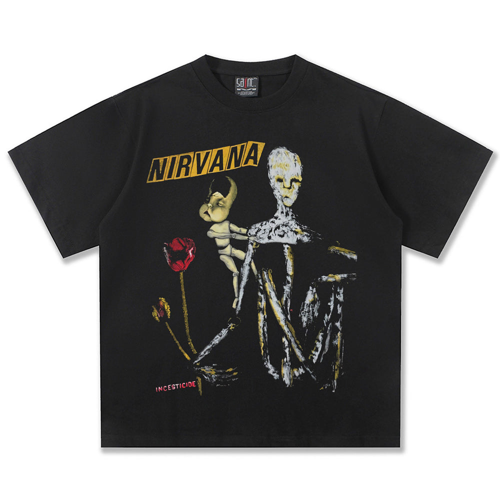2025 Spring/Summer New Cross border NIRVANA Rock Band Vintage Short sleeved T-shirt Heavy duty Washed and Used Trend (13)