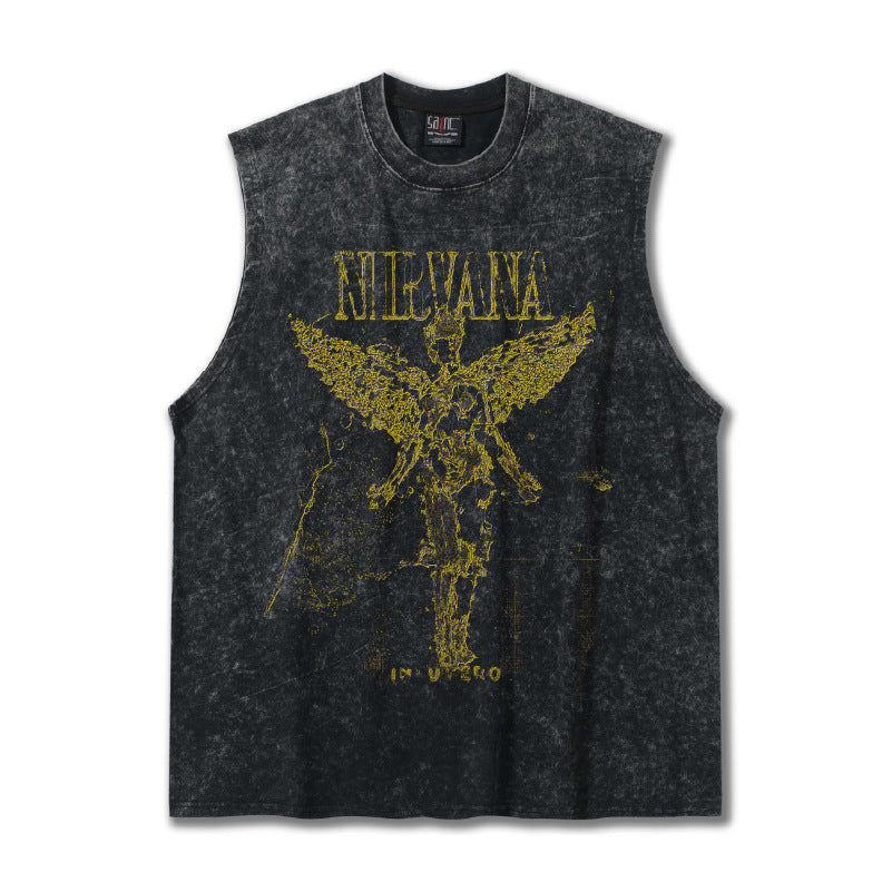 2025 Cross border Summer NIRVANA American Heavy duty Pure Cotton Shoulder Tank Top T-shirt Breathable Printed Round Neck Tank Top for Men (1)