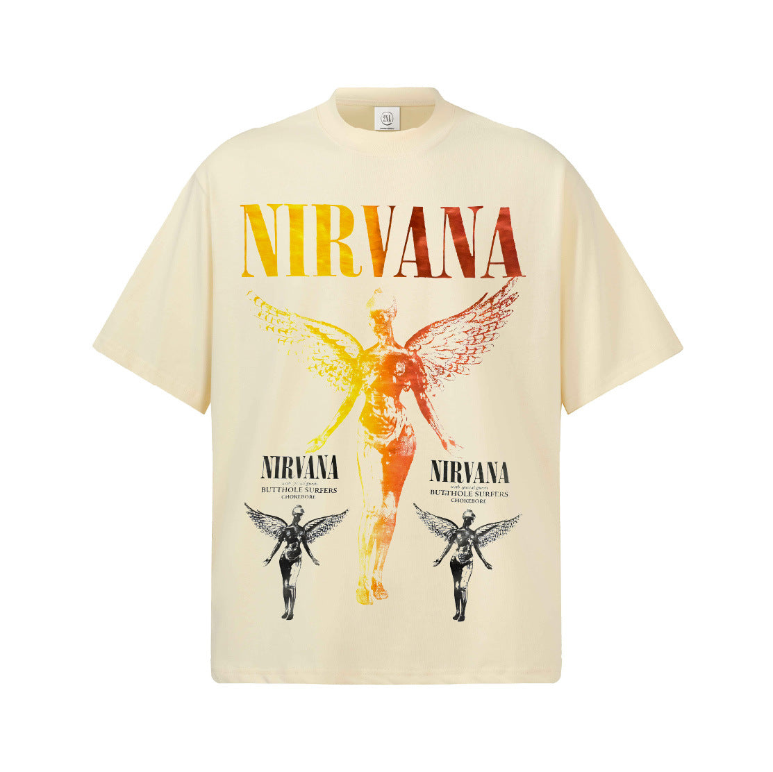 2026 Cross border NIRVANA Classic Angel American High Street Direct Spray Printing 300G Cotton Heavy Weight Knitted Short Sleeve Men (1)