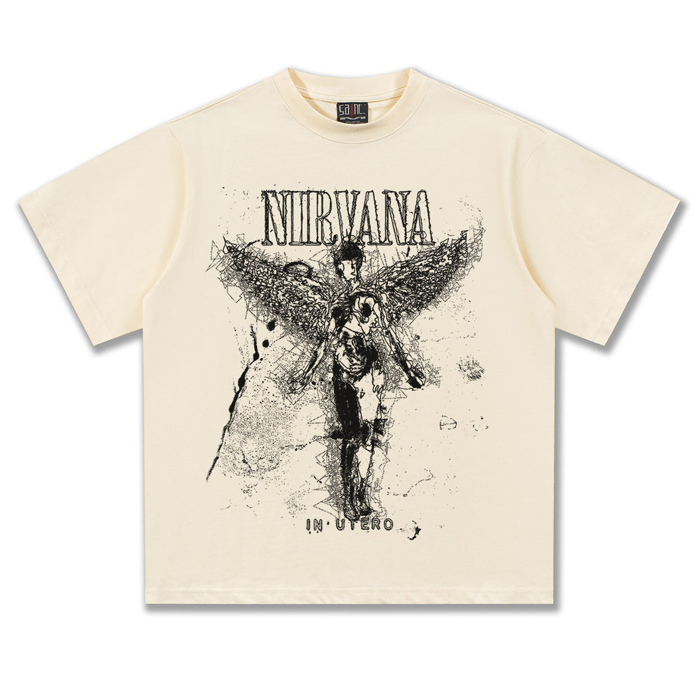 2025 Spring/Summer New NIRVANA Shattered Angel Washed Vintage Printed Short Sleeve T-shirt Heavy Tide (2)
