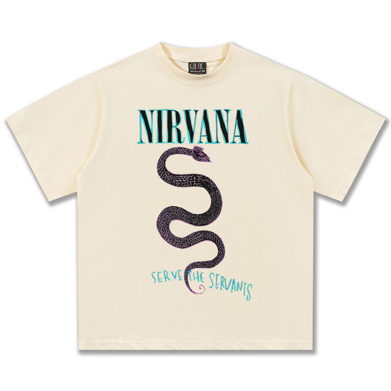2025 Spring/Summer New Cross border NIRVANA Rock Band Vintage Short sleeved T-shirt Heavy duty Washed and Used Trend (6)