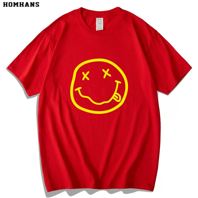 Red Korean Nirvana Nirvana Band European and American Metal Rock Pure Cotton Short sleeved Men's Smiling Face T-shirt Women's Loose Large Size (2)