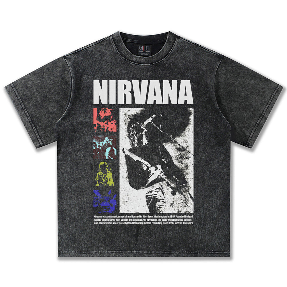 2025 Spring/Summer New Cross border NIRVANA Rock Band Vintage Short sleeved T-shirt Heavy duty Washed and Used Trend (7)
