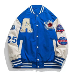 Royal Blue Patched Color‑Block Varsity Jacket