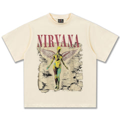 2025 Spring/Summer New Cross border NIRVANA Rock Band Vintage Short sleeved T-shirt Heavy duty Washed and Used Trend (16)