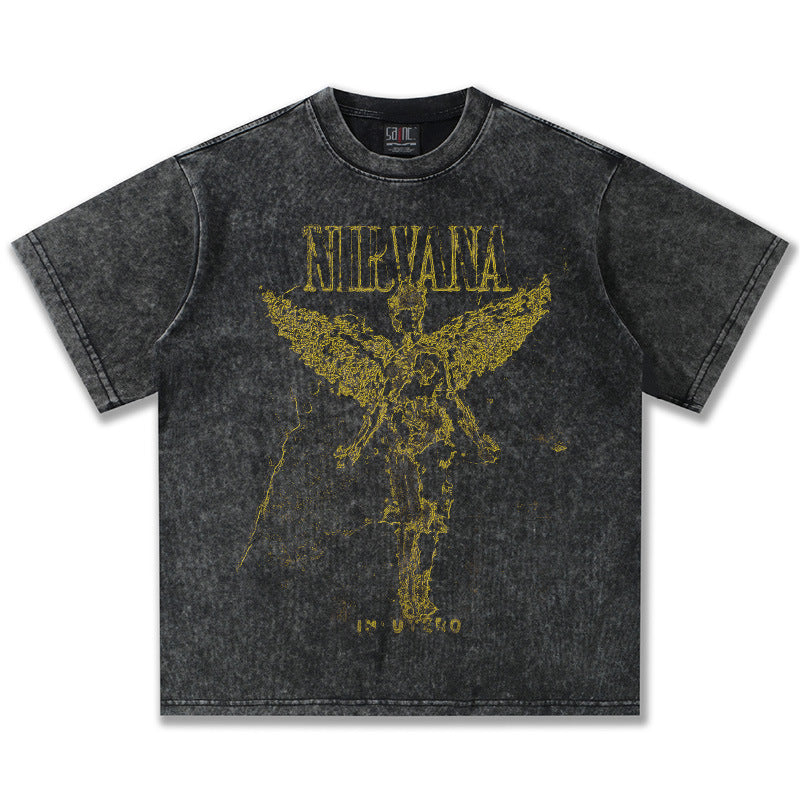 2025 Spring/Summer New Cross border NIRVANA Rock Band Vintage Short sleeved T-shirt Heavy duty Washed and Used Trend (10)