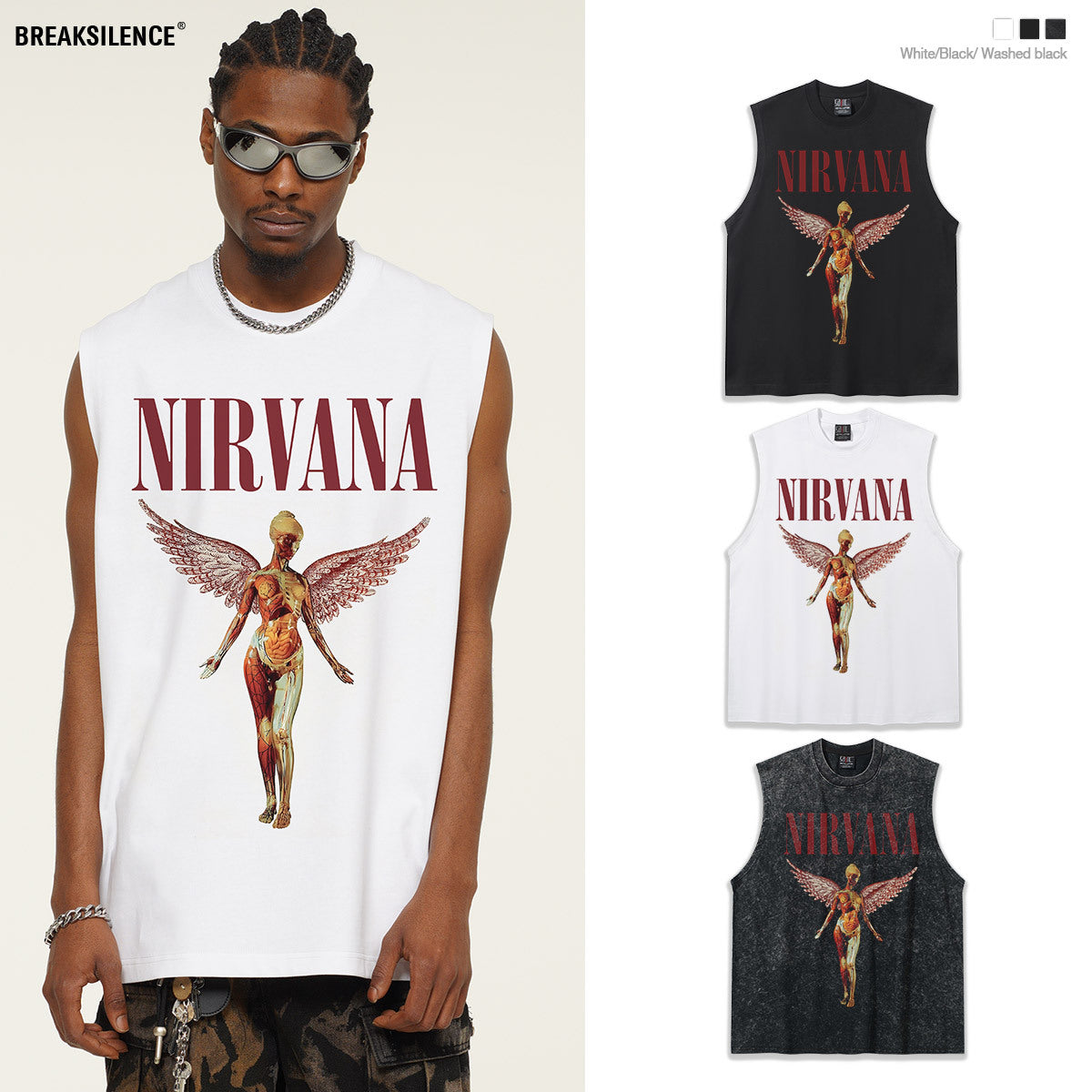 2025 Cross border Summer Nirvana Crimson Angel Heavy Duty Washed Water Shoulder Tank Top Rock T-shirt Printed Men's Tank Top