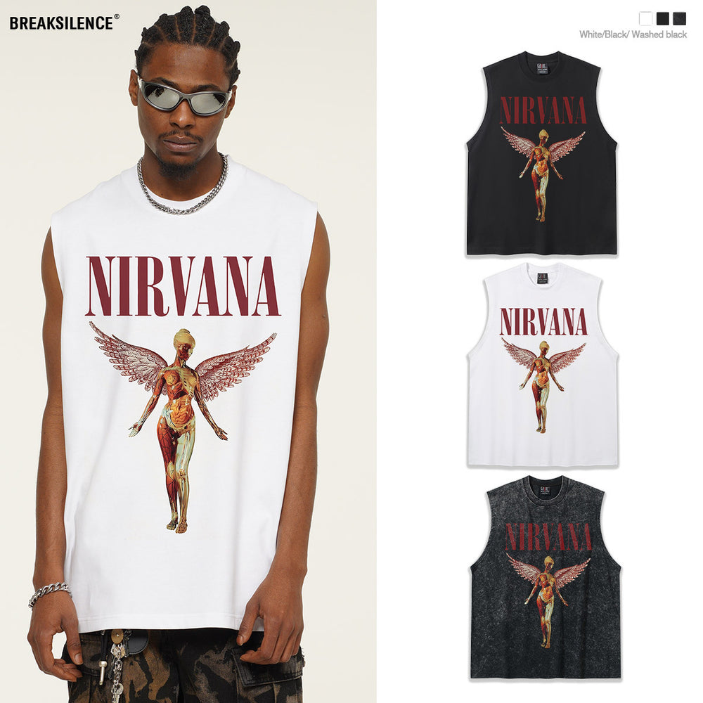 2025 Cross border Summer Nirvana Crimson Angel Heavy Duty Washed Water Shoulder Tank Top Rock T-shirt Printed Men's Tank Top