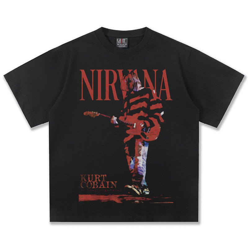 2025 Spring/Summer New Cross border NIRVANA Rock Band Vintage Short sleeved T-shirt Heavy duty Washed and Used Trend (8)