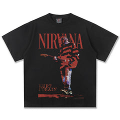 2025 Spring/Summer New Cross border NIRVANA Rock Band Vintage Short sleeved T-shirt Heavy duty Washed and Used Trend (8)