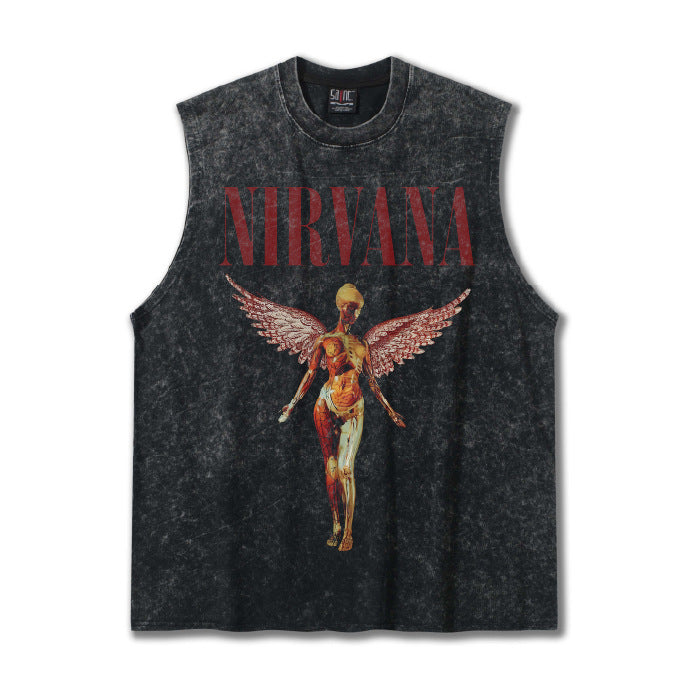 2025 Cross border Summer Nirvana Crimson Angel Heavy Duty Washed Water Shoulder Tank Top Rock T-shirt Printed Men's Tank Top