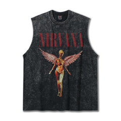 2025 Cross border Summer Nirvana Crimson Angel Heavy Duty Washed Water Shoulder Tank Top Rock T-shirt Printed Men's Tank Top
