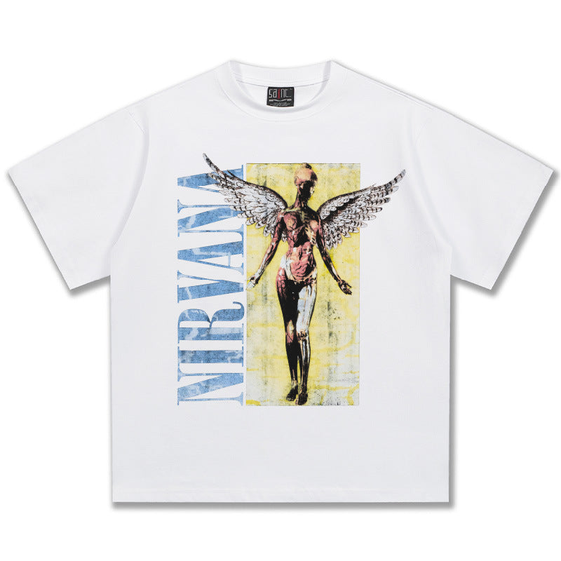 2025 Spring/Summer New Cross border NIRVANA Rock Band Vintage Short sleeved T-shirt Heavy duty Washed and Used Trend (1)