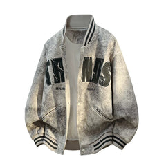 Grey Washed Letter Graphic Varsity Jacket