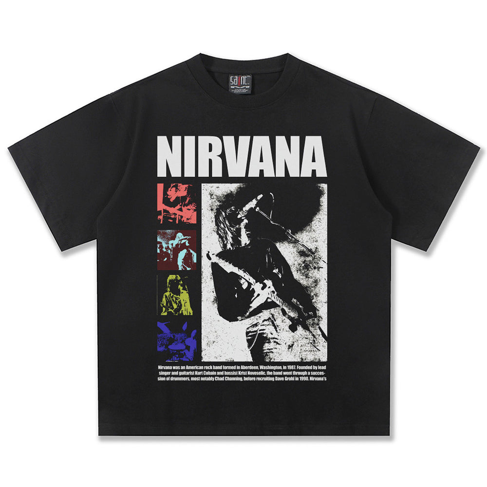 2025 Spring/Summer New Cross border NIRVANA Rock Band Vintage Short sleeved T-shirt Heavy duty Washed and Used Trend (7)
