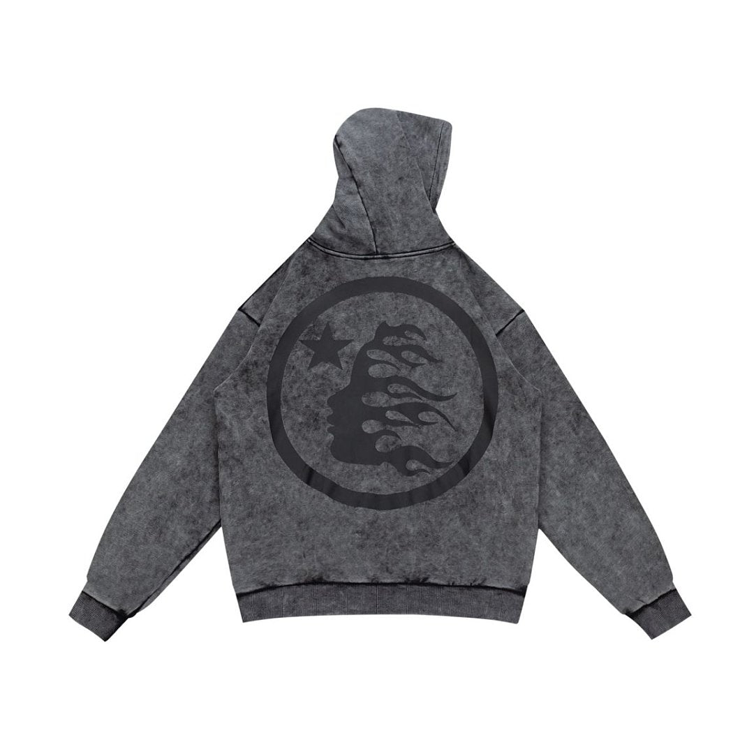 Street Style Distressed Wash Graphic Full Zip Hooded Jacket