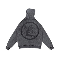 Street Style Distressed Wash Graphic Full Zip Hooded Jacket
